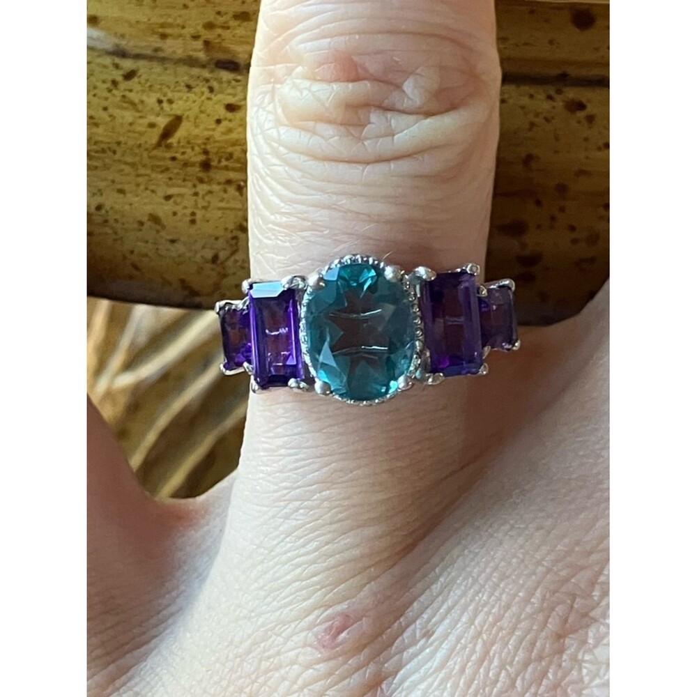 Teal Fluorite Amethyst Sterling Silver Art Deco Ring Size 6